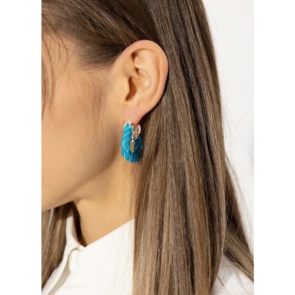 BOTTEGA VENETA Leather Twist Triangle Hoop Earrings Blue - Picture 5 of 5